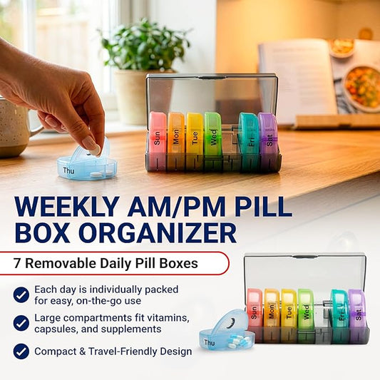 Pill Organizer - Weekly AM/PM – 7 Day Portable Pill Box with Removable Daily Containers