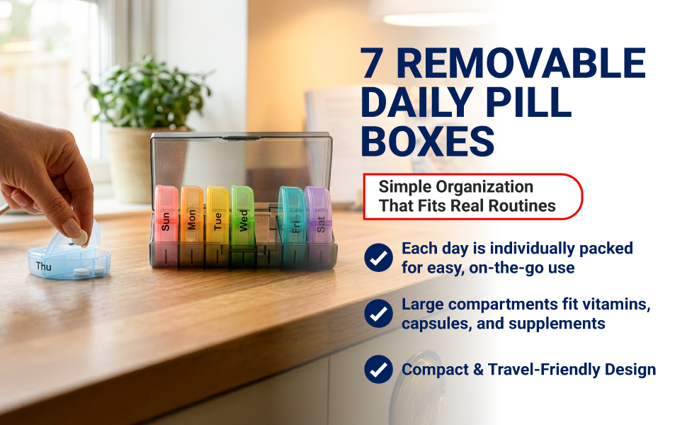 Pill Organizer - Weekly AM/PM – 7 Day Portable Pill Box with Removable Daily Containers