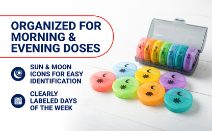 Pill Organizer - Weekly AM/PM – 7 Day Portable Pill Box with Removable Daily Containers