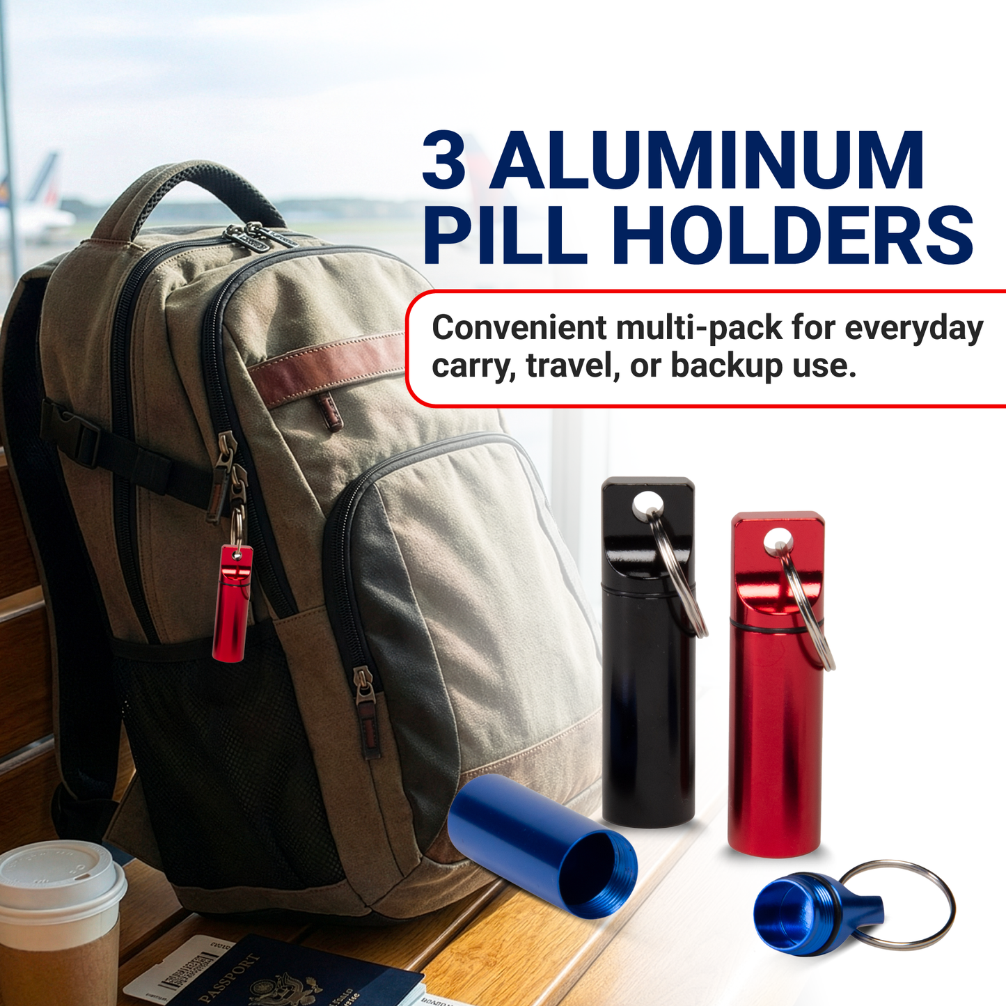 Pill Organizer - Aluminum Keychain - 3 Pack