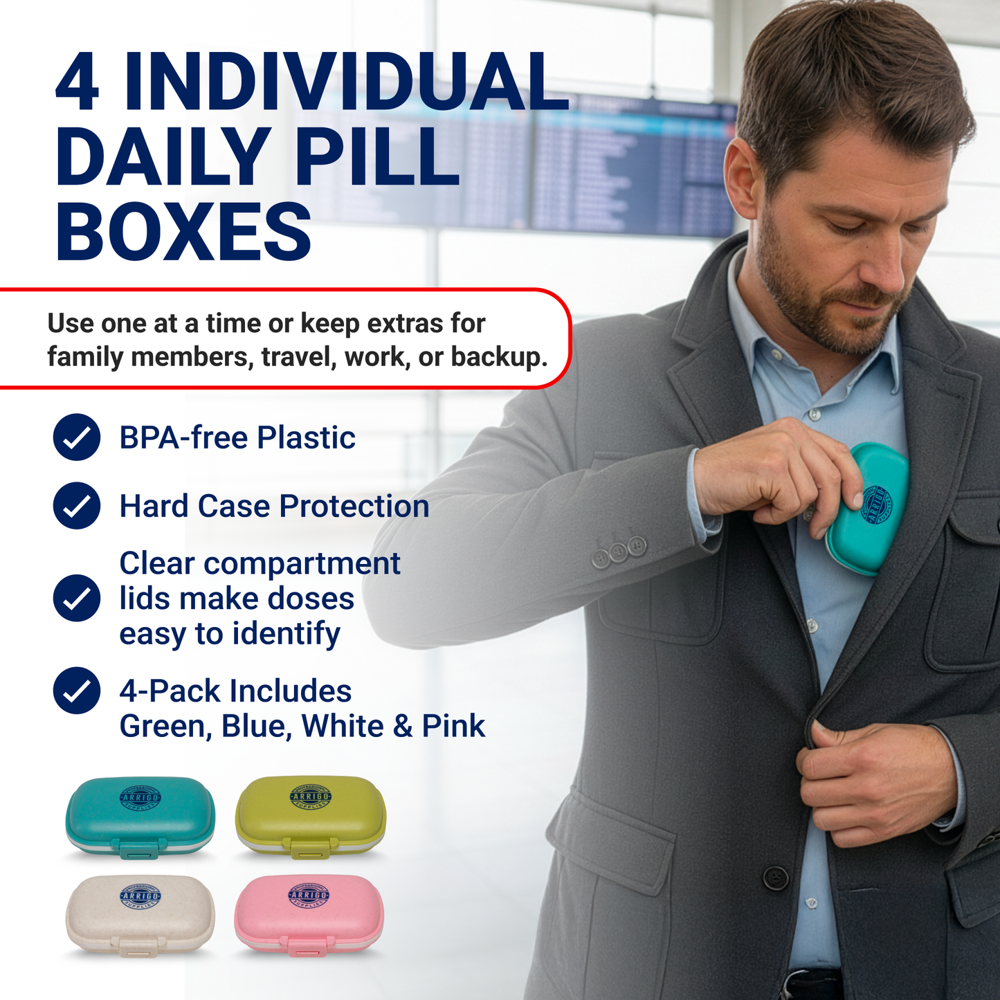 Pill Organizer - Clamshell– 4 Pack Portable Travel Pill Cases