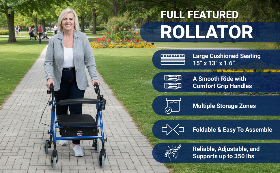 Rollator Walker - Premium - with Extra-Padded Seat, Adjustable Height & Smooth-Ride Wheels
