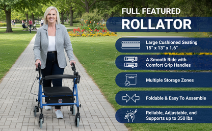 Rollator Walker - Premium - with Extra-Padded Seat, Adjustable Height & Smooth-Ride Wheels