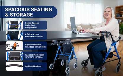 Rollator Walker - Premium - with Extra-Padded Seat, Adjustable Height & Smooth-Ride Wheels