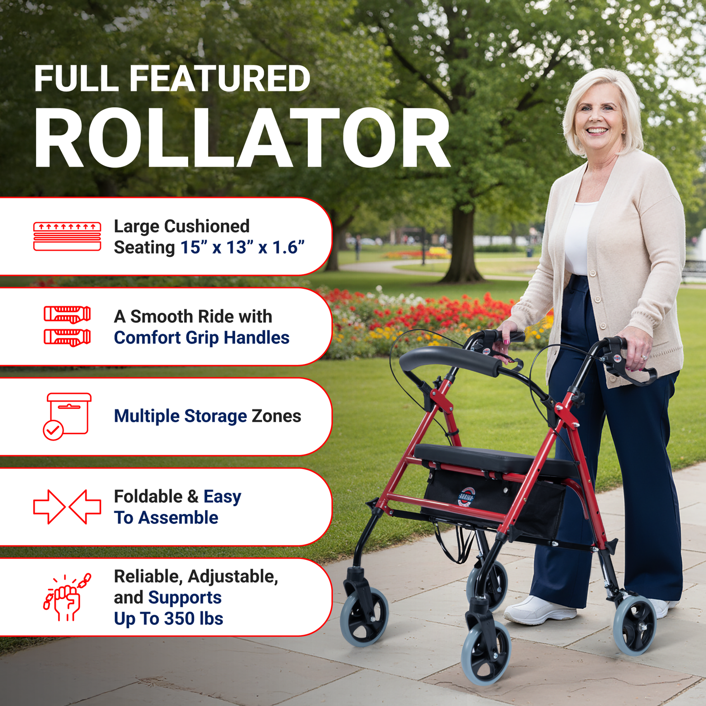 Rollator Walker with Large Cushioned Seat, 8” Wheels & Adjustable Height