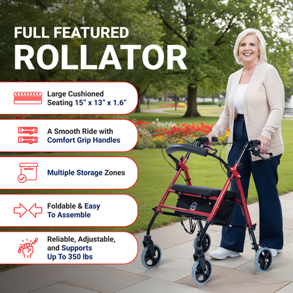 Rollator Walker with Large Cushioned Seat, 8” Wheels & Adjustable Height