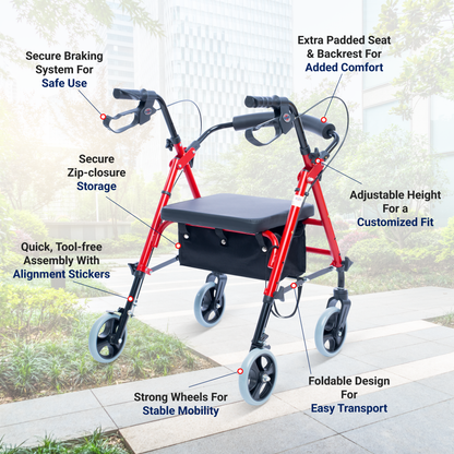 Rollator Walker with Large Cushioned Seat, 8” Wheels & Adjustable Height