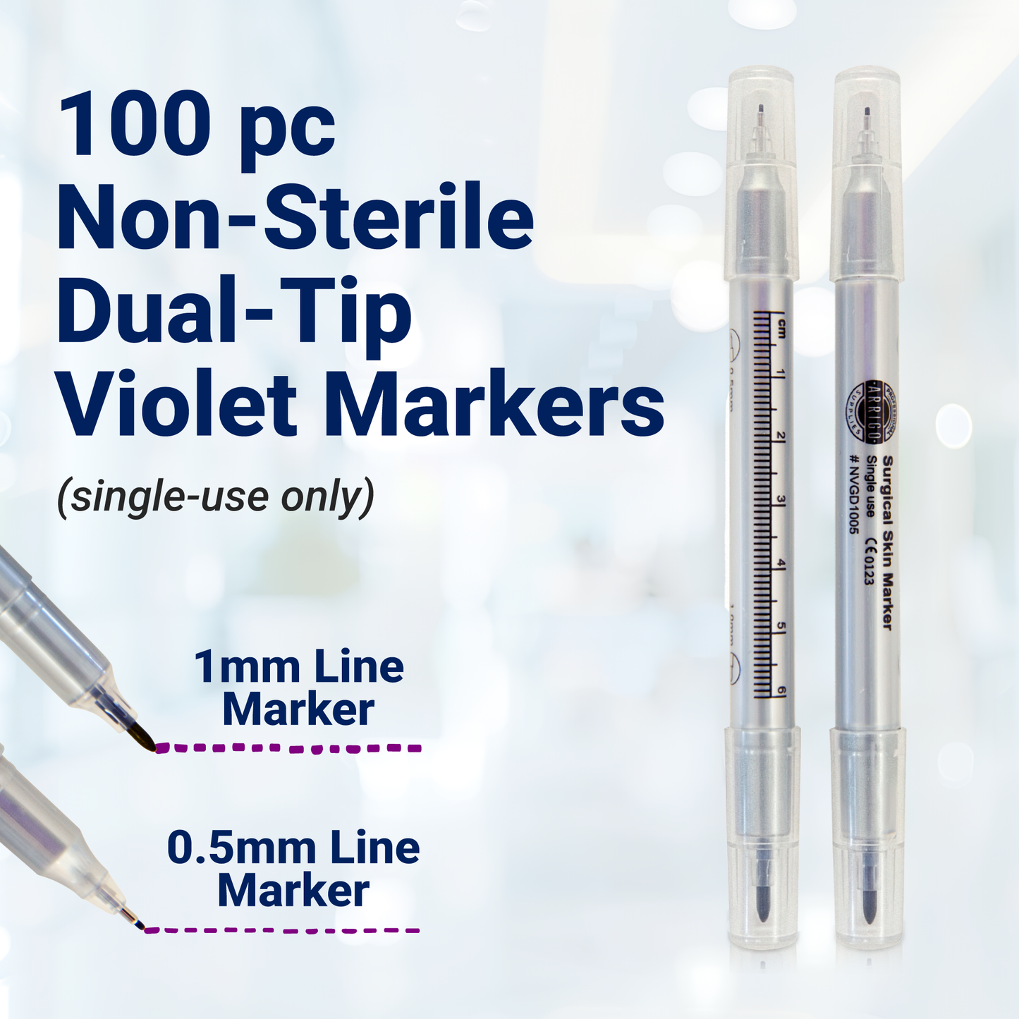 Skin Marker - Violet - Dual Tip 0.5mm & 1.0mm – Grey Body - 100 Pack