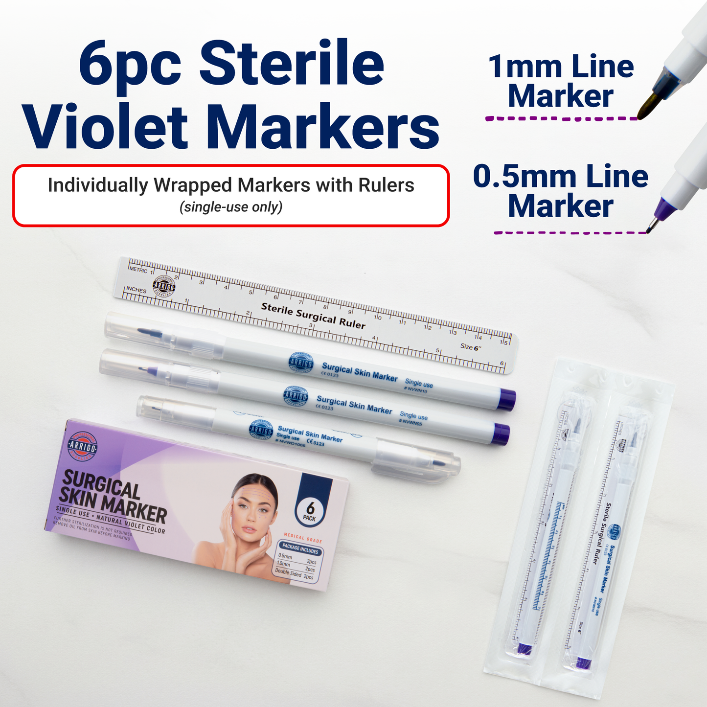 Skin Marker – 6 Pack - Violet-  0.5mm Fine & 1.0 Standard Tips - Sterile