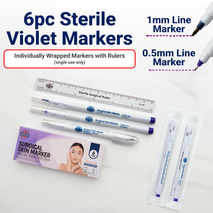 Skin Marker – 6 Pack - Violet-  0.5mm Fine & 1.0 Standard Tips - Sterile
