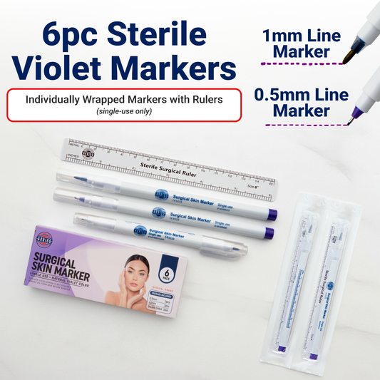 Skin Marker – 6 Pack - Violet-  0.5mm Fine & 1.0 Standard Tips - Sterile
