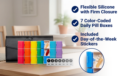 Pill Organizer – Silicone Weekly - 7 Day Travel Pill Box with Magnetic Backing & Daily Dose Compartments