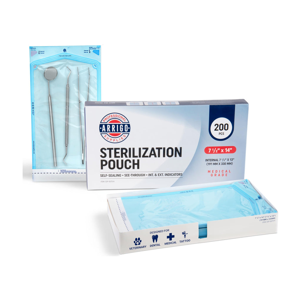 Self-sealing sterilization pouches, 7.5" x 14", with color-change indicator